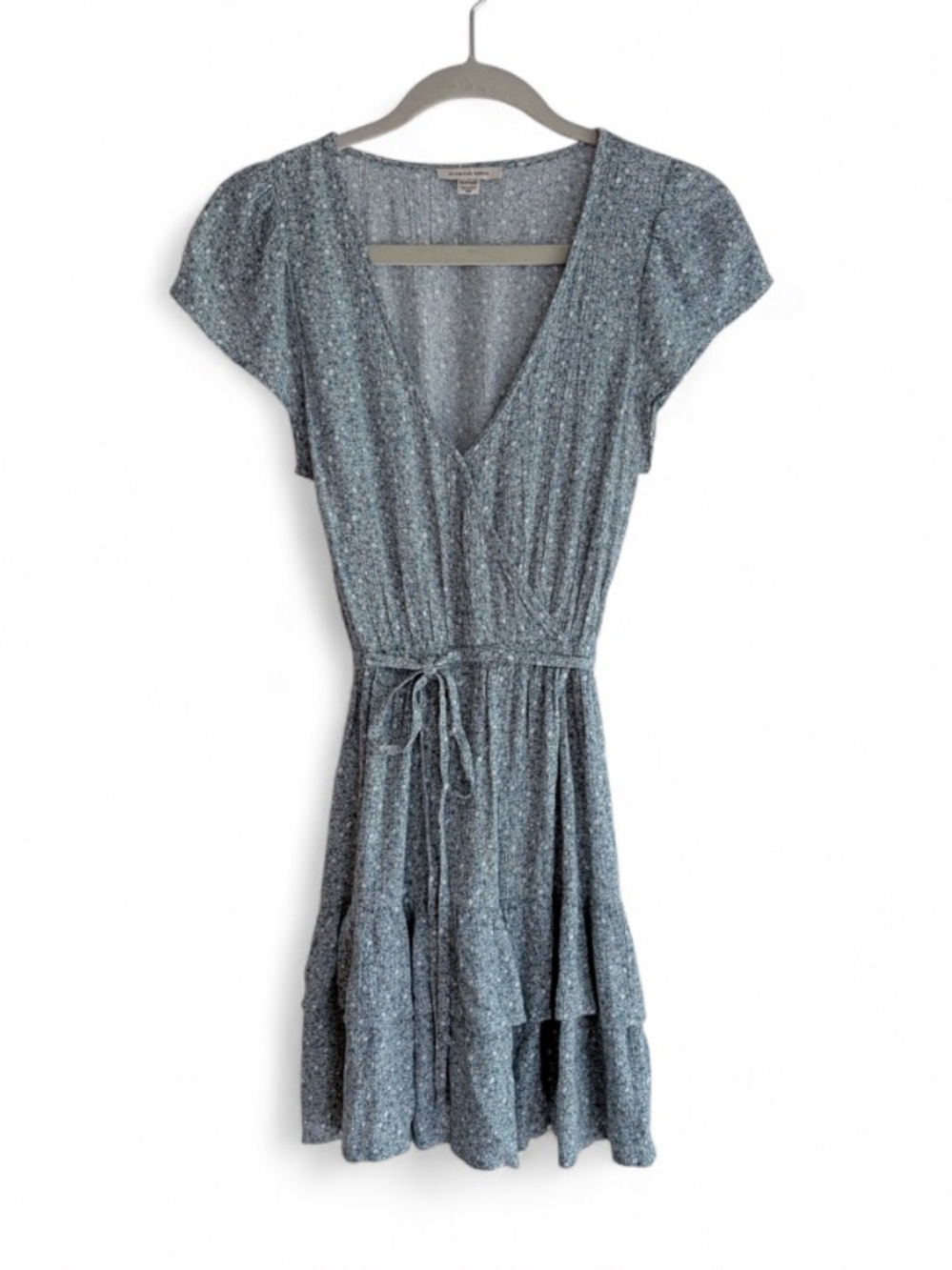 American Eagle Sage Green Floral Tiered Ruffle Wrap Front Mini Dress Size XS
